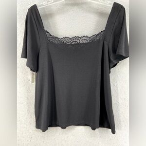 Nordstrom Black Lace Trim Square Neck Cap Sleeve Blouse Medium Business Casual